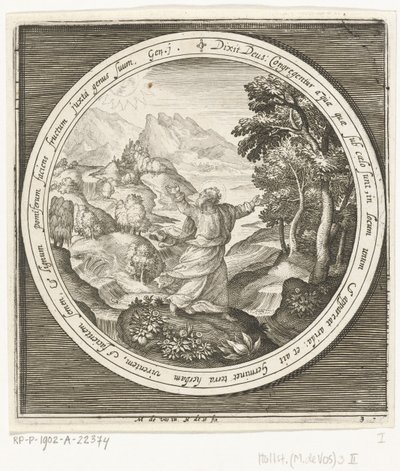 Yaratılışın Üçüncü Günü: Tanrı toprağı ve tohum oluşturan bitki ve ağaçları tohum veren meyvelerle yaratır. Yaratılıştan Cennetten Kovulmaya (dizi adı) by Nicolaes de Bruyn
