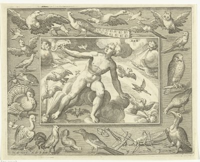 Uçan kuşlar arasında bulutların üzerinde genç bir adam olarak hava unsuru Aer (nesne üzerindeki başlık) Dört Element (dizi adı) by Nicolaes de Bruyn