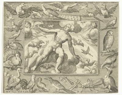 Uçan kuşlar arasında bulutların üzerinde genç bir adam olarak hava unsuru Aer (nesne üzerindeki başlık) Dört Element (dizi adı) by Nicolaes de Bruyn