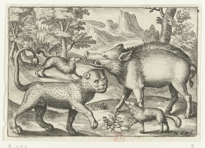 Leopar, yaban domuzu ve iki köpek Animalivm qvadrvpedvm (dizi başlığı) Manzaralardaki hayvanlar (dizi başlığı) by Nicolaes de Bruyn