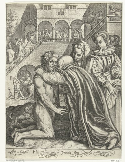 Prodigal Oğlunun Eve Dönüşü Filio habet conuiuia laeta Reuerso (nesne üzerindeki başlık) Savurgan Oğul Masalı (dizi adı) by Nicolaes de Bruyn