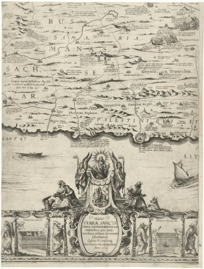 Kaart van Filistin Kutsal Toprakların veya Vaat Edilen Toprakların yeni bir tanımı (nesnedeki başlık) by Nicolaes van Geelkercken