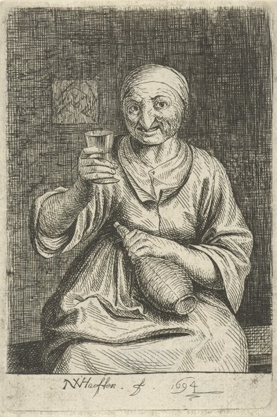 Cam ve sürahi ile yaşlı kadın by Nicolaes van Haeften
