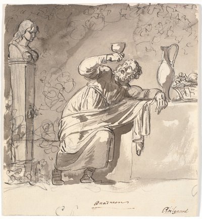 Anacreon, elinde kadehi kaldırılmış bir masaya yaslanmış by Nicolai Abildgaard