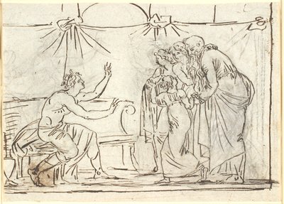 Antik sahne. Oturan taçlı bir kahraman, küçük bir kız ve yaşlı bir adam da dahil olmak üzere dört kişilik bir grupla konuşuyor by Nicolai Abildgaard