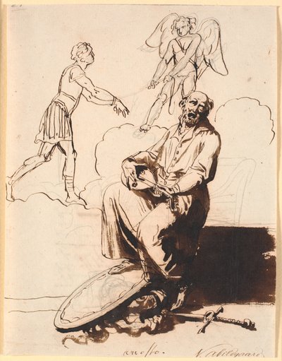 Ariosto, bir kül suyu ile oturuyor, ayaklarının kolları, arka planda Cupid arkasından bir adam çekiyor by Nicolai Abildgaard