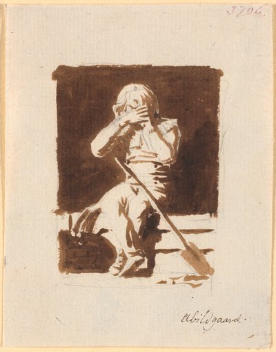 Kürek veya kürekle bir teknenin kenarında oturan ağlayan küçük bir çocuk (?) by Nicolai Abildgaard