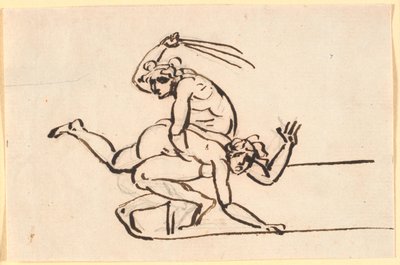 Oturmuş çıplak bir figür, pirinci çıplak bir kadının sırtına doğru sallıyor. by Nicolai Abildgaard