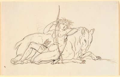 Bir fantezi hayvanına (muhtemelen bir karıncayiyen) yaslanmış, oturmuş, okları ve okları olan kadın figürü. Amerika Alegori by Nicolai Abildgaard
