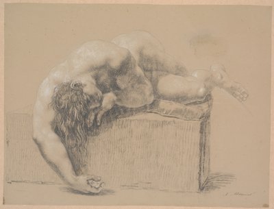 Yastıklı baza üzerinde yatay model. Sağa. Sağ kol kaide üzerinde asılı. Sol kol başın altında. Uzun sarkık saç by Nicolai Abildgaard