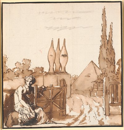 Hayat kursunun amacı. Alegorik çizim. Bir kadın mete ve piramitli bir mezarlığa ortak açar by Nicolai Abildgaard