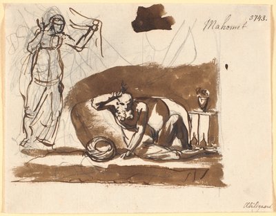 Yastıklar arasında oturan Muhamed, solda bir kadın figürü by Nicolai Abildgaard