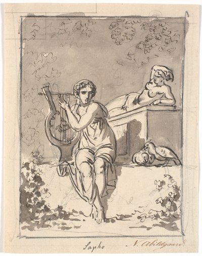 Sappho, liriyle oturuyor, arka planda bir hermafrodit duruyor by Nicolai Abildgaard