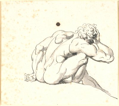 Oturan adam öne eğildi, sağ eli kafasına arkadan görüldü by Nicolai Abildgaard