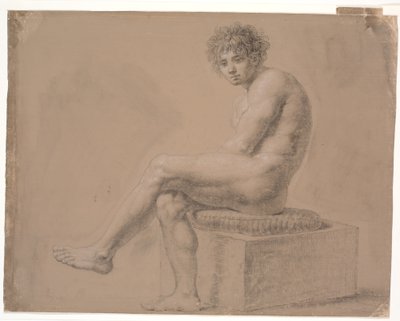Minderli alçak baza üzerinde oturan model. Sol bacak sağın üzerinde by Nicolai Abildgaard