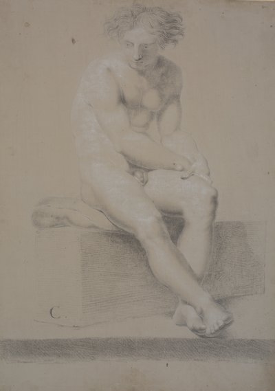 Minderli baza üzerine oturan model. Eller sol uyluğun üzerinde buluşuyor. Ayaklar çapraz by Nicolai Abildgaard