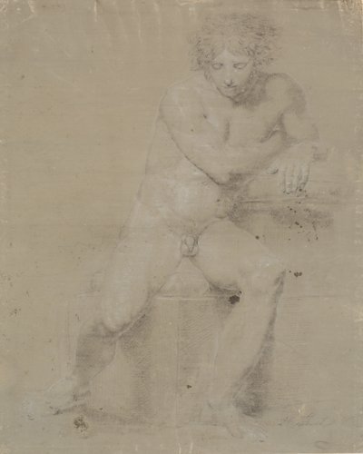 Minderli baza üzerine oturan model. Önden görünüş. Sağ el sol koltuk altı by Nicolai Abildgaard