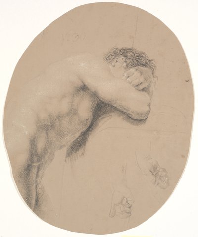 Katlanmış kolların dayandığı ve kısmen başı gizlediği yüksek kaideye yaslanmış ayakta model. F.n.t.h. bir elin iki çalışması by Nicolai Abildgaard