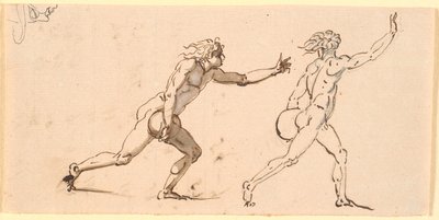 Sağa doğru koşan iki çıplak adam, her birinin bir elinde büyük bir taş ve profilde bir yüz çizimi var. by Nicolai Abildgaard