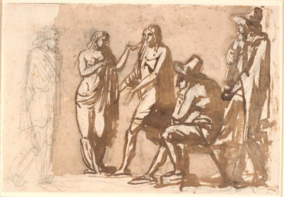 17. yüzyıl kostümlü üç bey, genç bir klasik çifti düşünüyor by Nicolai Abildgaard