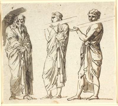 Ayakta duran üç adam, ikisi daha genç, her biri omzunda bir tahta taşıyor, üçüncüsü daha yaşlı, dalgın bir pozisyonda by Nicolai Abildgaard