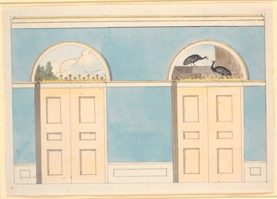 Mavi duvarlarda iki kapı üzerinde yarı dairesel paneller ile taslak duvar dekorasyonu by Nicolai Abildgaard