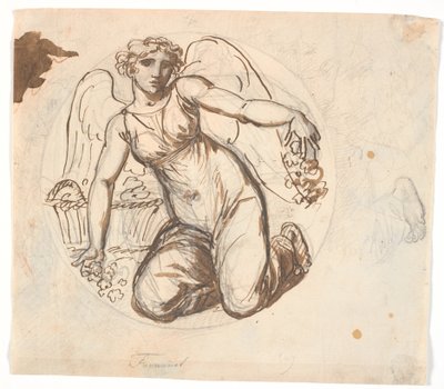 Dairesel alanda kanatlı kadın figürü. T.h. figürün sol ayağının incelenmesi by Nicolai Abildgaard