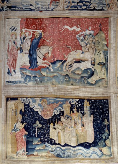 ಹ್ಯಾಂಗಿಂಗ್ ಆಫ್ ದಿ ರೆವೆಲೆಶನ್ (1373-1383), ಎನ್. 69: ದೇವರ ಕ್ರಿಯಾಪದವು ಬೀಟ್ಸ್ ಅನ್ನು ಲೋಡ್ ಮಾಡುತ್ತದೆ. N. 73: ಪವಿತ್ರ ನಗರ ಅಥವಾ ಹೊಸ ಜೆರುಸಲೆಮ್. ನಿಕೋಲಸ್ ಬ್ಯಾಟೈಲೆ (1330-1405) ಟರ್ಕ್‌ನಿಂದ ವಸ್ತ್ರ by Nicolas Bataille