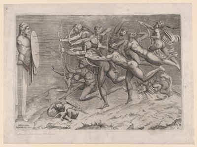 Bir herme bağlı bir hedefe ateş eden çıplak okçular, Aşk tanrısı aşağıda uyuyor, muhtemelen..., yakl. 1540-60. by Nicolas Beatrizet