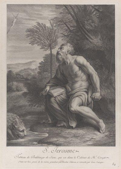 Aziz Jerome bir ağacın yanında oturmuş bir haça bakıyor, bir dereden su içen bir aslan..., 1728 by Nicolas Chateau