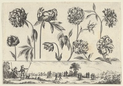 Bir Peyzajda Figürlerle Bir Frizin Üzerinde Bir Sıra Çiçekle Yatay Panel, Li..., 1645. by Nicolas Cochin
