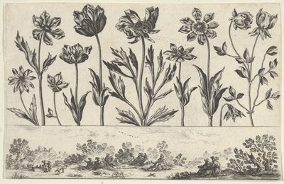 Bir Peyzajda Figürlerle Bir Frizin Üzerinde Bir Sıra Çiçekle Yatay Panel, Li..., 1645. by Nicolas Cochin