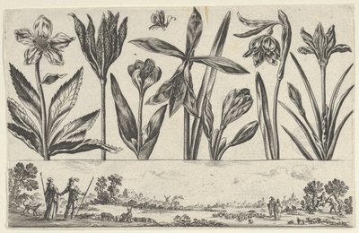 Bir Peyzajda Figürlerle Bir Frizin Üzerinde Bir Sıra Çiçekle Yatay Panel, Li..., 1645. by Nicolas Cochin
