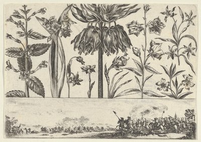 Bir Peyzajda Bir Savaş Sahnesi ile Bir Frizin Üzerinde Bir Sıra Çiçekle Yatay Panel, ..., 1645. by Nicolas Cochin