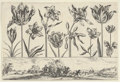 Bir Peyzajda Bir Savaş Sahnesi ile Bir Frizin Üzerinde Bir Sıra Çiçekle Yatay Panel, ..., 1645. by Nicolas Cochin