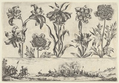 Bir Peyzajda Bir Savaş Sahnesi ile Bir Frizin Üzerinde Bir Sıra Çiçekle Yatay Panel, ..., 1645. by Nicolas Cochin