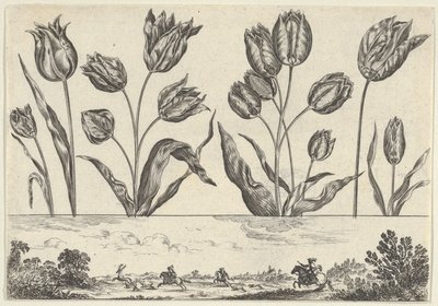 Bir Peyzajda Avlanma Sahnesi ile Frizin Üzerinde Bir Sıra Çiçekten Oluşan Yatay Panel,..., 1645. by Nicolas Cochin