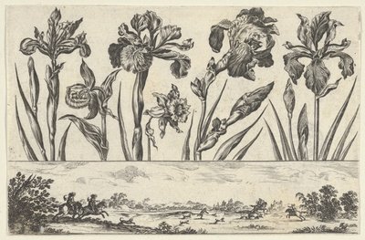Bir Peyzajda Avlanma Sahnesi ile Frizin Üzerinde Bir Sıra Çiçekten Oluşan Yatay Panel,..., 1645. by Nicolas Cochin