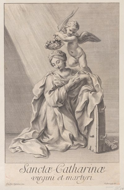 İskenderiyeli Aziz Catherine, dirseği çivili tekerleğe dayayarak diz çökmüş ve..., 1698. by Nicolas Dorigny