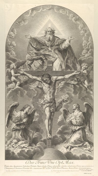 Kutsal Üçlü, iki melek tarafından kuşatılmış çarmıhta İsa, bir güvercin gibi Kutsal Ruh ve..., 1702. by Nicolas Dorigny