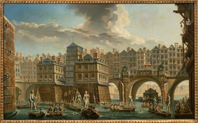 Paris, Pont Notre-Dame ve Pont au Change arasında kayıkçıların mızrak dövüşü by Nicolas and Jean Baptiste Raguenet
