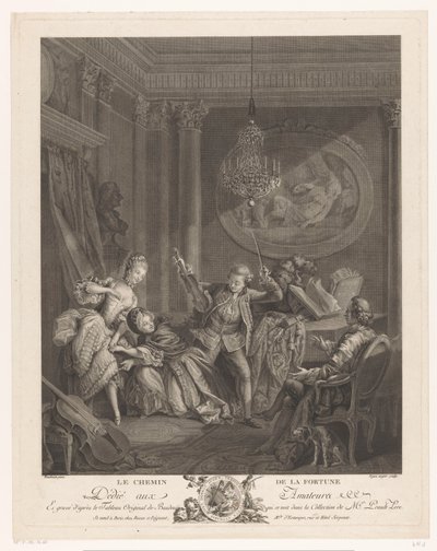 Bir iç mekanda bir kemancı ve iki genç kadın, oturmuş bir adam izliyor Le Chemin de la Fortune (nesnedeki başlık) by Nicolas Joseph Voyez