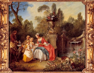 Bahçede çocuklarla kahve içen ya da bir fincan çikolatalı kadın tablosu Nicolas Lancret (1690-1743) by Nicolas Lancret