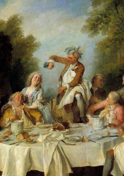 jambon kahvaltısı. Asalet içinde bir jambon etrafında bir ülke ziyafeti sahnesi. Detay. Resim Nicolas Lancret (1690-1743) 1735. Güneş 1,8x1,2 m Chantilly, Conde müzesi by Nicolas Lancret