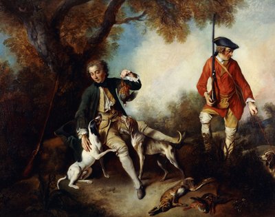 La Halte de Chasseurs": Bir Av Kuşu Tutan ve Bir Ağacın Yanında Dinlenen Bir Avcı, Hizmetçisi ve Yakınlardaki Tazıları, by Nicolas Lancret