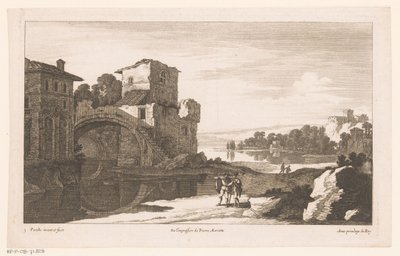 Kemer köprüsü ile kalıntıları olan nehir manzarası by Nicolas Perelle