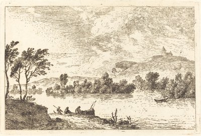 Rakamlar ve Su Kenarında Bir Tekne ile Nehir Manzarası by Nicolas Perignon