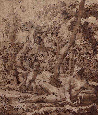 Nehir Tanrısı ve Putti ile Ormanlık Bir Manzara (kalem ve mürekkep) by Nicolas Poussin