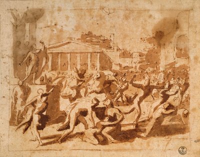 Sabine Kadınlarının Tecavüzü (kağıt üzerinde kalem ve mürekkeple yıkama) by Nicolas Poussin