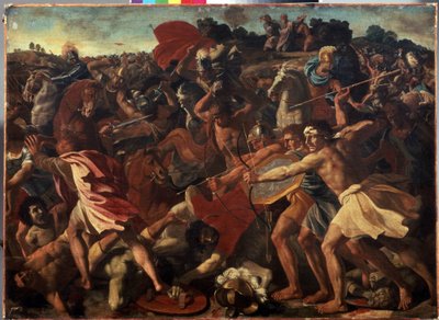 İsrailliler ve Amalekliler arasındaki Savaş sırasında "Yeşu'nun Amalekliler'e Karşı Zaferi" - Nicolas Poussin (1594-1665), yaklaşık 1624-1625. Tuval üzerine yağlıboya. Fransız sanatı, barok tarzı. M by Nicolas Poussin